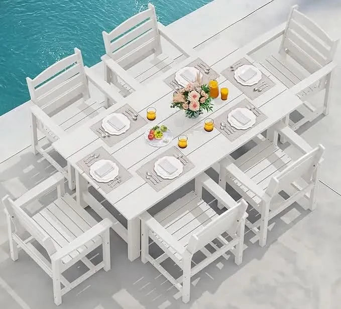 Outdoor HDPE Dining Table Set, 7-Piece Outdoor Dining Table Sets with Umbrella Hole Cut-Out Table and 6 Chairs, Gray
