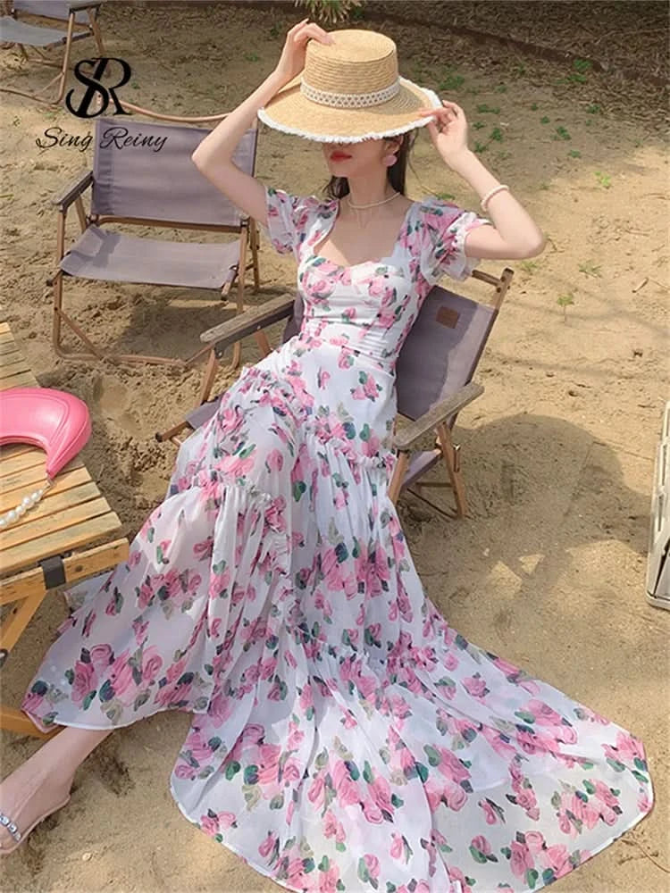 SINGREINY Beach Vacation Floral Print Dress Women Backless Lace Up Cross Bandage Ruched Korean Hotsweet Fashion Party Long Dress - M & M Global