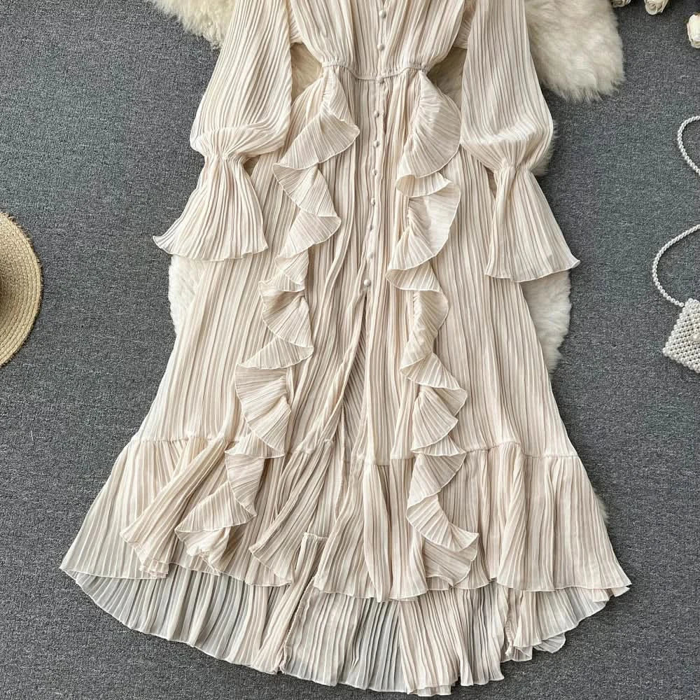 Purple/Brown/Red Chiffon Pleated Long Dress Women Vintage V-Neck Flare Sleeve Draped Ruffle Vestido Female Maxi Robe Spring Fall - M & M Global