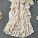 Purple/Brown/Red Chiffon Pleated Long Dress Women Vintage V-Neck Flare Sleeve Draped Ruffle Vestido Female Maxi Robe Spring Fall - M & M Global