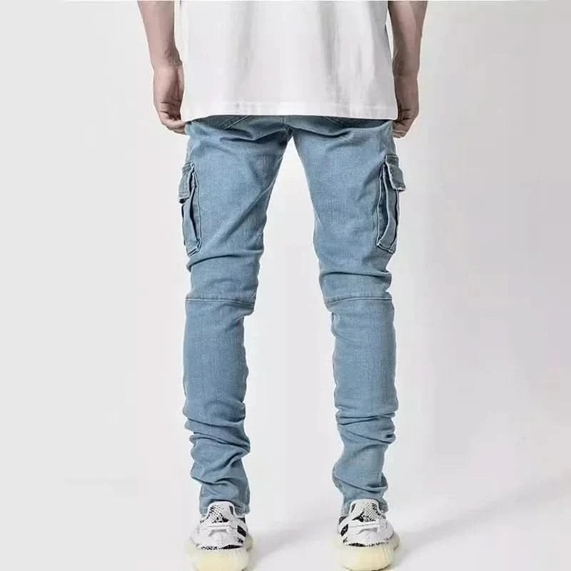 Men Street Elastic Denim Jeans Wash Solid Color Multi Pockets Cargo Pants Casual Slim Fit Daily Wear Joggers Mid Waist Trousers - M & M Global