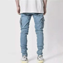 Men Street Elastic Denim Jeans Wash Solid Color Multi Pockets Cargo Pants Casual Slim Fit Daily Wear Joggers Mid Waist Trousers - M & M Global