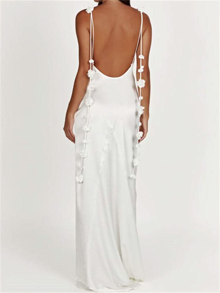 CHRONSTYLE Satin Backless Spaghetti Strap Long Dress for Women Sexy Backless 3D Flower Tassels Dress Party Cocktail Y2K Vestidos - M & M Global