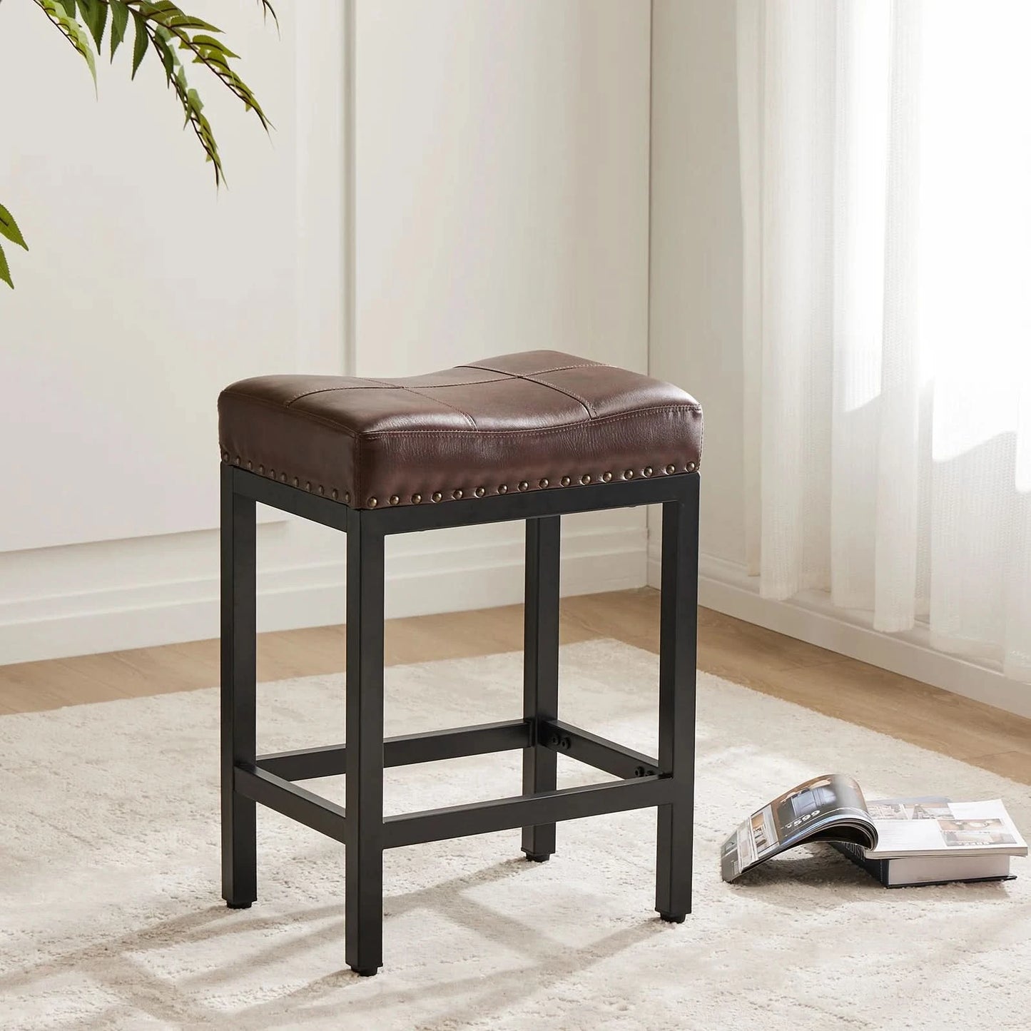 JHK Bar Stools Saddle-Style Pu Leather Upholstered Chair Counter Height Bar Stools with Metal Base Saddle Stools For Kitchen