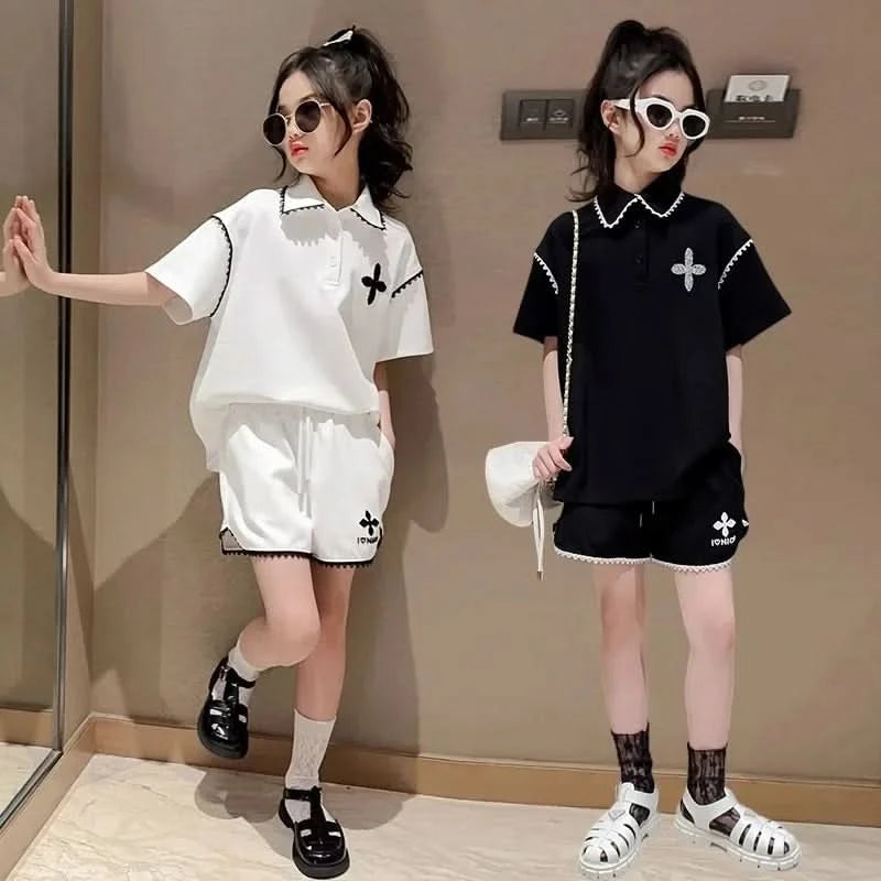 Girls Summer Polo Shirt Set Ruffle Collar T-Shirt Shorts Two-Piece Korean Style Mid-Big Children Fashionable Clothing - M & M Global