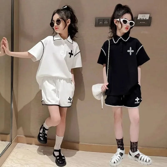 Girls Summer Polo Shirt Set Ruffle Collar T-Shirt Shorts Two-Piece Korean Style Mid-Big Children Fashionable Clothing - M & M Global