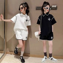 Girls Summer Polo Shirt Set Ruffle Collar T-Shirt Shorts Two-Piece Korean Style Mid-Big Children Fashionable Clothing - M & M Global