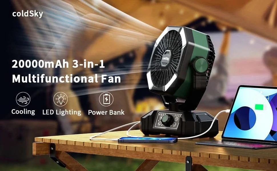 coldSky Camping Fan with 4 LED Lantern 8 Speeds Desk Fan 20000mAh Battery Portable Outdoor Fan for Outdoor Camping and Fishing - M & M Global