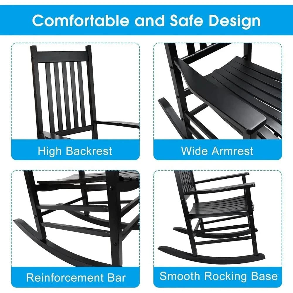 Outdoor Rocking Chair Set, Wood Porch Rocker, 2 Wooden Rocking Chair With Outdoor Side Table, Perfect for Indoor or Outdoor, All