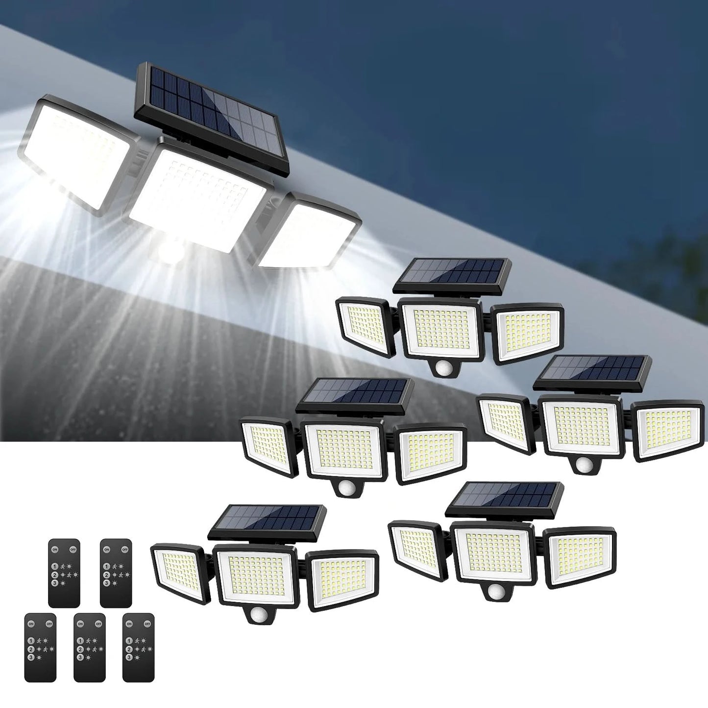 IP65Waterproof Triple Head Outdoor Solar Light, 210LED 2500LM Motion Sensor Safety Light for Porch, Garage, Yard Entrance, Patio - M & M Global