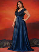 Plus Size Elegant V-Neck Red Sequins Evening Dress Long Luxury Women Satin Sleevesless Party Prom Cocktail Gowns