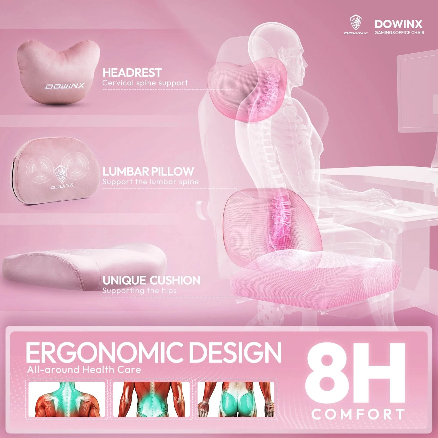 Dowinx Gaming Chair with Heated Massage Lumbar Support, Breathable Fabric Office Chair with Pocket Spring Cushion and Footrest,