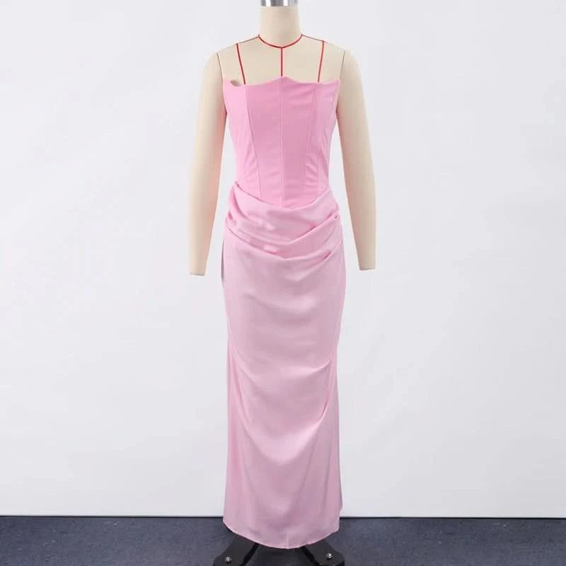 Sexy Strapless Patchwork Long Dress Women Slim Sleeveless Pleated Mermaid Dresses 2025 Spring Summer Lady Evening Solid Robe - M & M Global