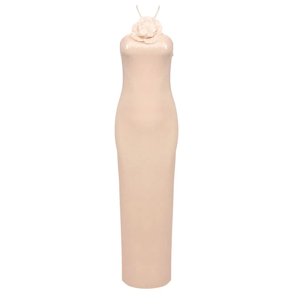 VC Women Elegant 3D Flowers Halter Backless Sexy Club Sequin Bodycon Prom Long Dress Party Festival Split Dress - M & M Global