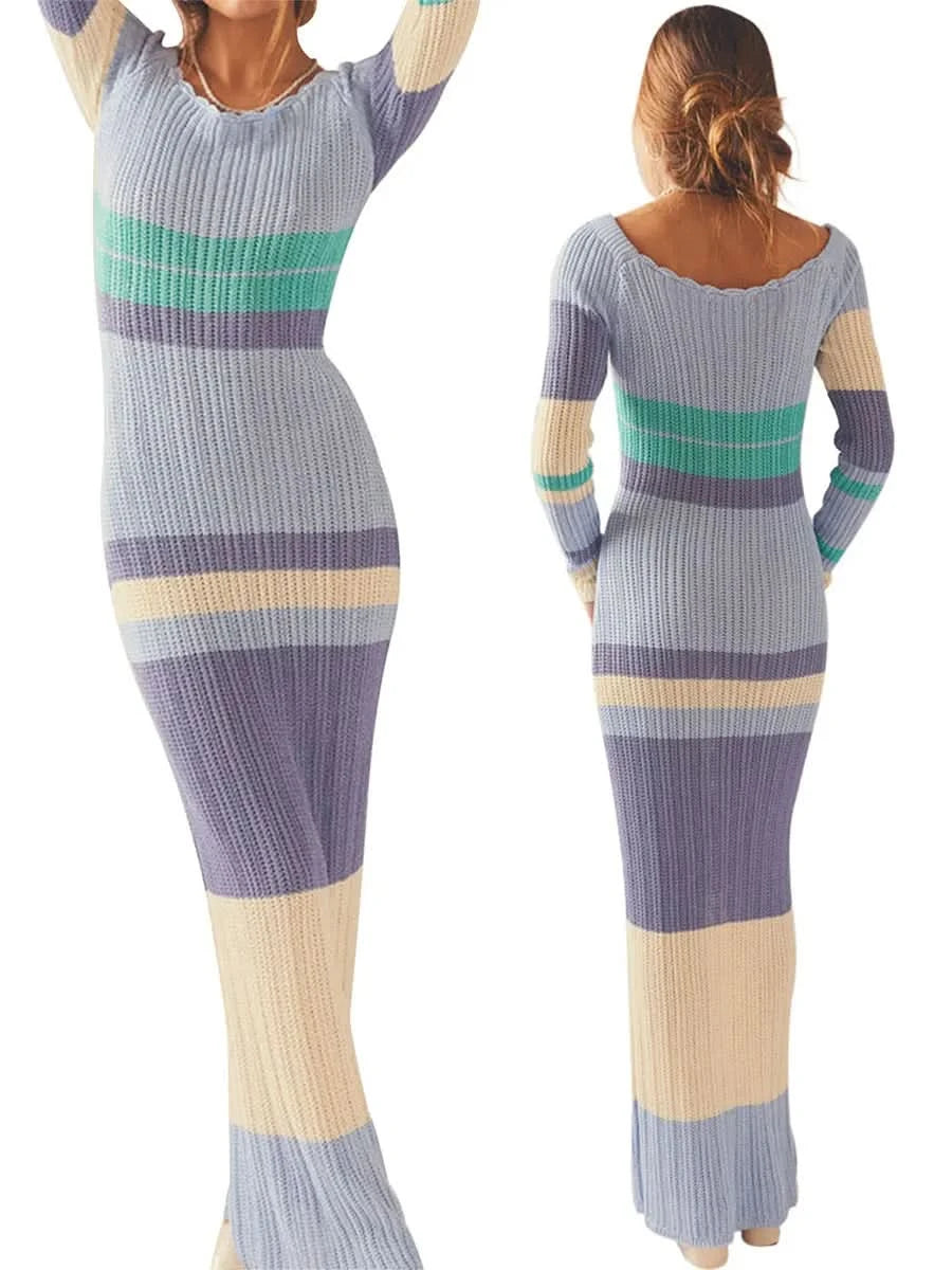 Women Ribbed Knit Ruffle Trim Long Dress Long Sleeve Bodycon  Party Cocktail Dress Flare Summer Beach Cover Up - M & M Global