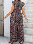 【Plus Size】 Floral Print Tie Shoulder Jumpsuit, Boho Casual Wide Leg Jumpsuit for Vacation Holiday, Women's Plus Clothing for Su