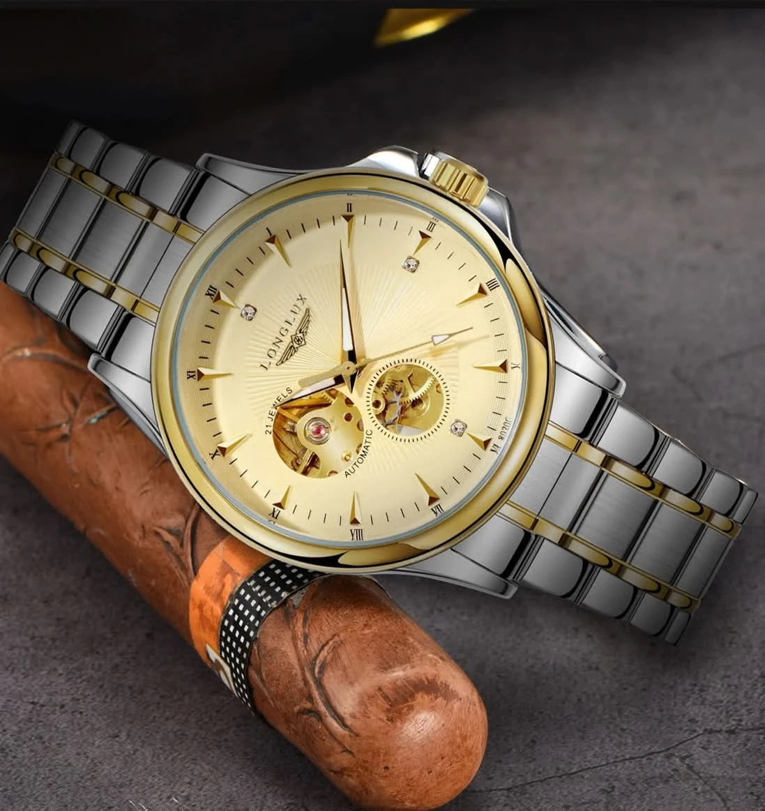LONGLUX Men automatic mechanical watch elegant luxury watches waterproof skeleton business wholesale stainless steel gift watch - M & M Global