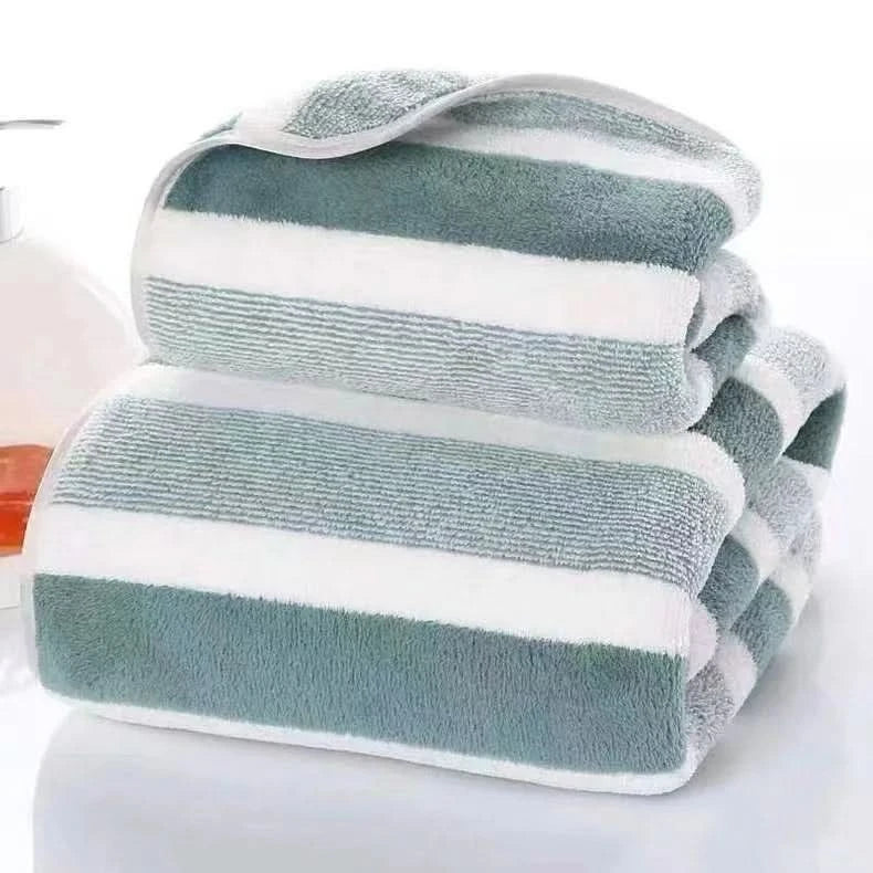 Soft Striped Bath Towel Set - Quick-Drying Absorbent Microfiber Face & Hand Towels for Bathroom, Home Spa - 70x140cm & 35x75cm - M & M Global