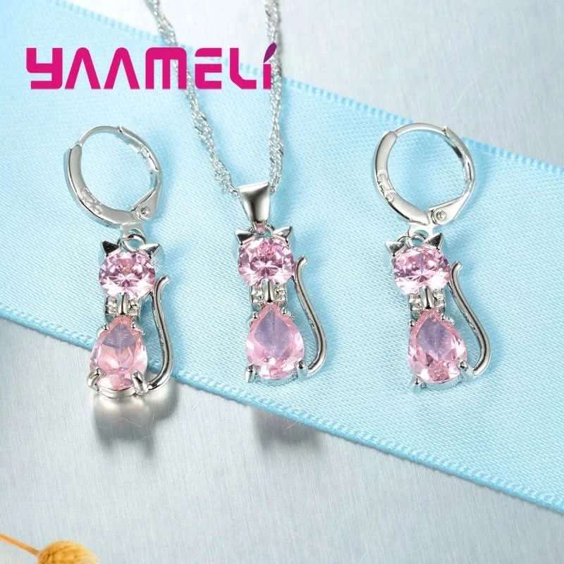 Real 925 Sterling Silver Color Jewelry Sets for Woman Girls Shining Austrian Crystal Cute Cat Pendant Necklace Huggie Earring - M & M Global