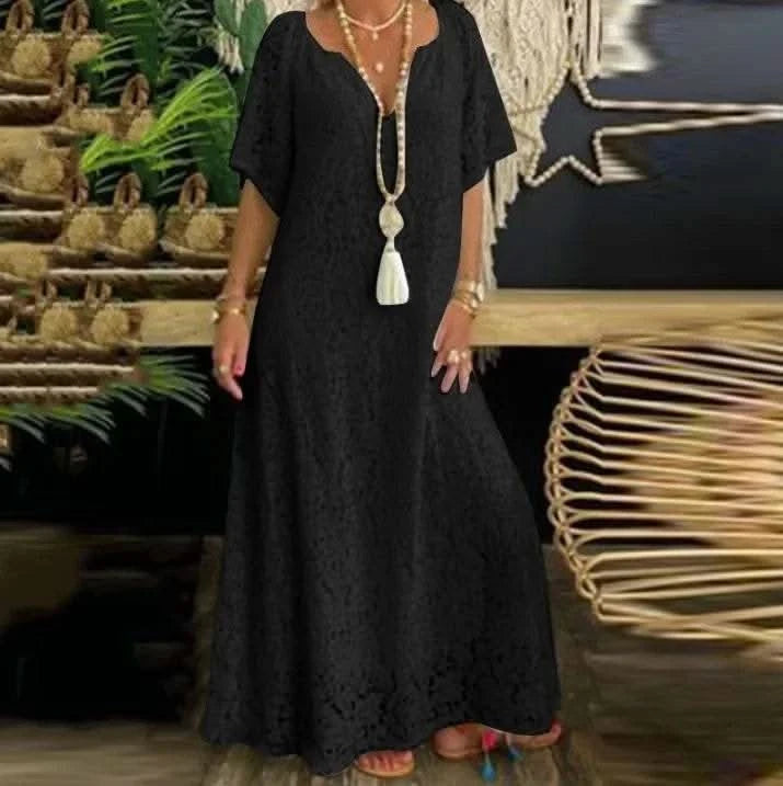 2025 Spring Lace Women Long Dress White V-neck A-line Elegant Dresses Female Summer New Fashion Casual Beach Cloths Ladies - M & M Global