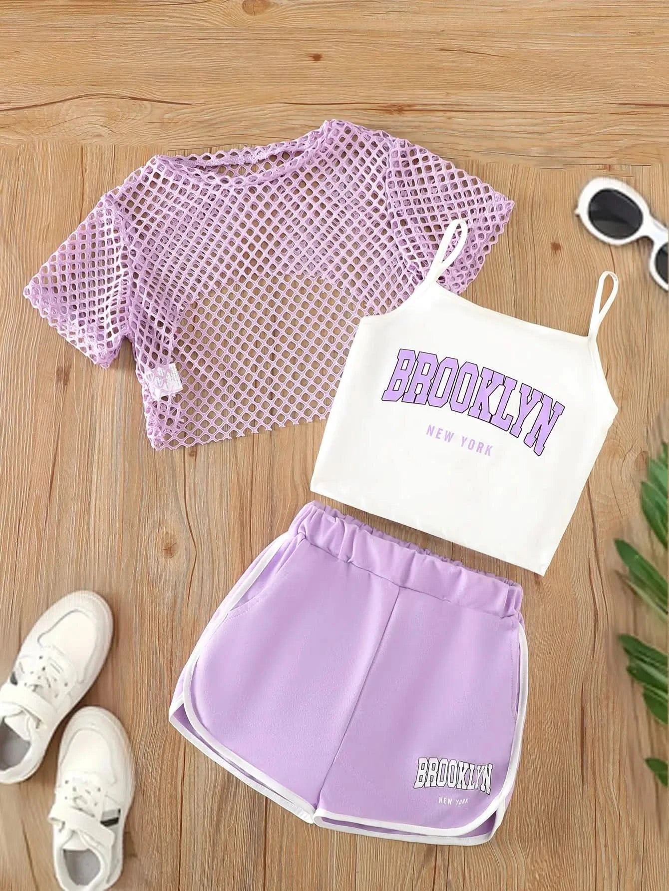 Girls Three-Piece Clothing New Breathable Summer Thin Fashion Short-Sleeved Mesh Top + Letter Printed Short Vest Suspender + Letter Printed Sports Shorts - M & M Global