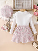 3-Piece Set: Girls' Casual Long-Sleeve Ruffled Knit T-Shirt Top + Elastic Waist Button-Decorated Skirt + Girls' Hat, Autumn and Winter Style. Girls' Fashionable Knit Pullover with Tweed-Style Short Skirt, Elegant and Ladylike