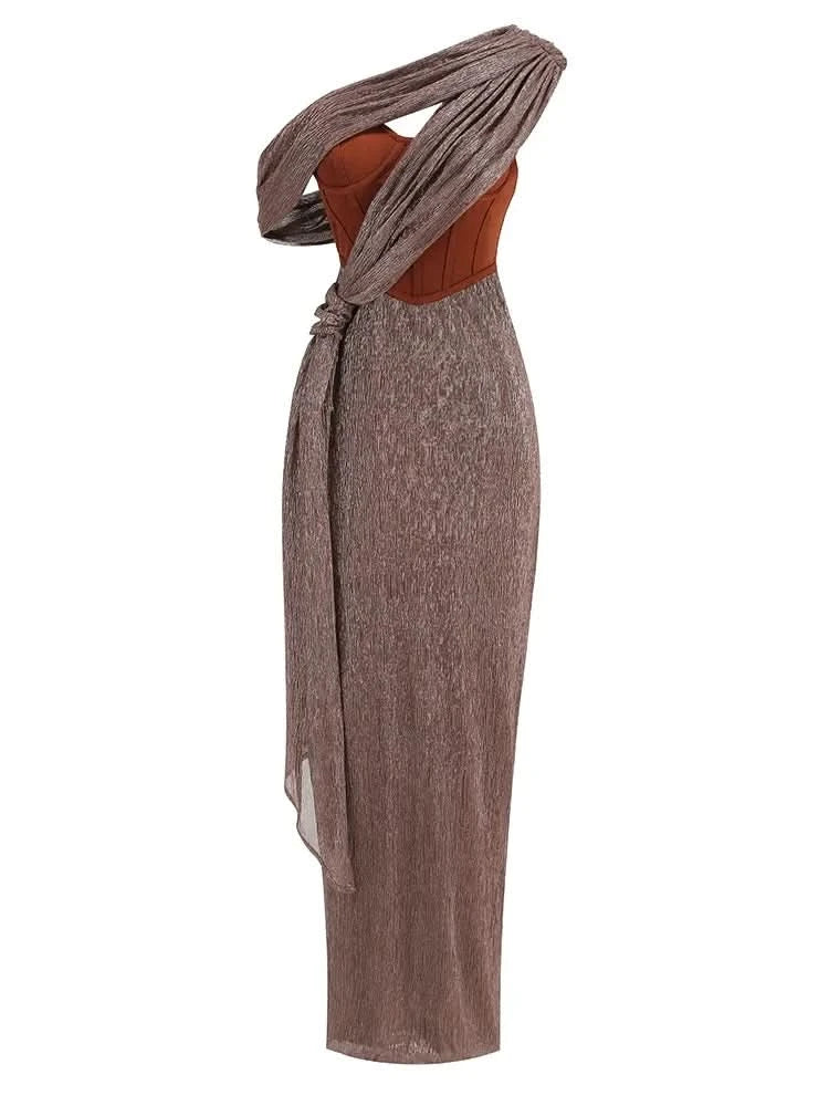 Sexy One Shoulder Draped Glitter Long Dress Women Brown Corset Sparkly Backless Bodycon Maxi Dresses Evening Party Gowns - M & M Global