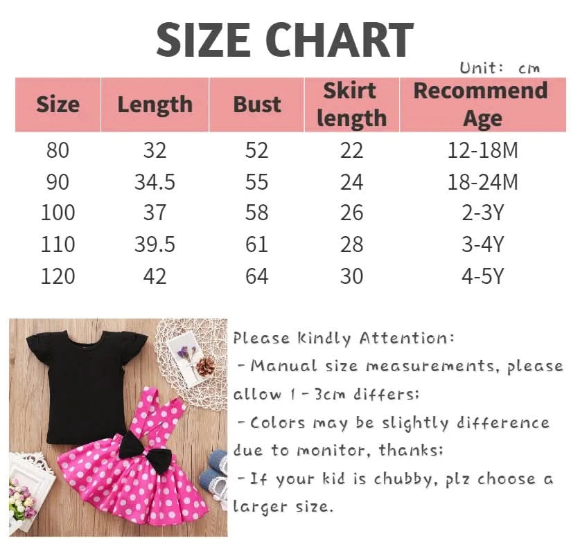 Toddler 1-5 Year Old Girl Round Neck Flying Sleeve Top+Dot Bow Strap Skirt Piece Suitable for Travel and Travel Girl Summer Set - M & M Global