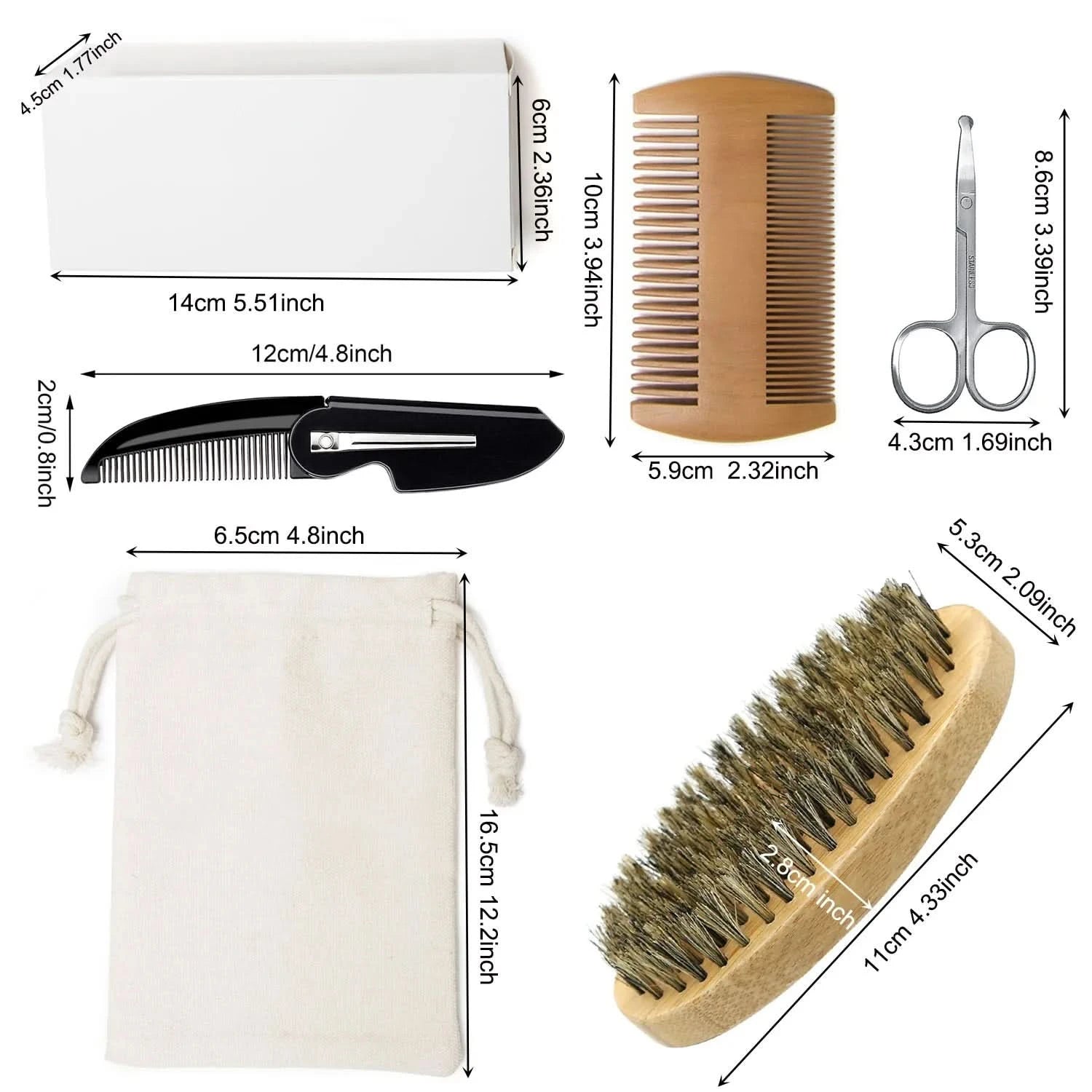 Men Shaving Bamboo Brush Comb Set Boar Bristle Portable Barber Beard Brush Comb Scissors for Facial Cleaning Styling Tool - M & M Global