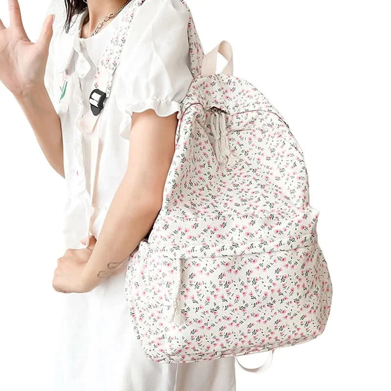 Student School Backpack Floral White School Bags For Teenage Girls Cute Women's Backpack Book Bag Nylon Rucksack - M & M Global