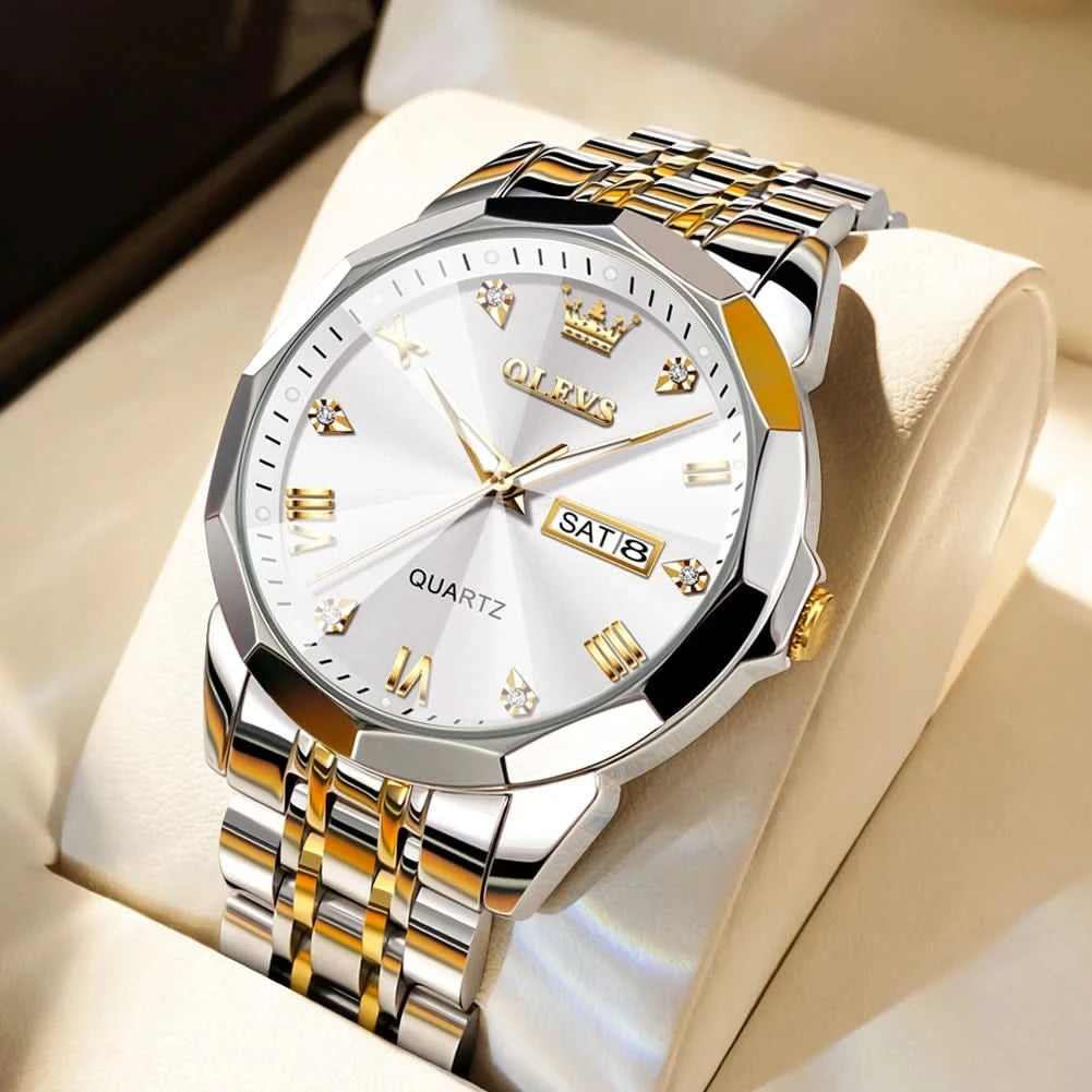 OLEVS Men's Watches Causal Fashion Original Quartz Watch for Man Waterproof Stainless Steel Luminous Date Week Trend Dress Reloj - M & M Global