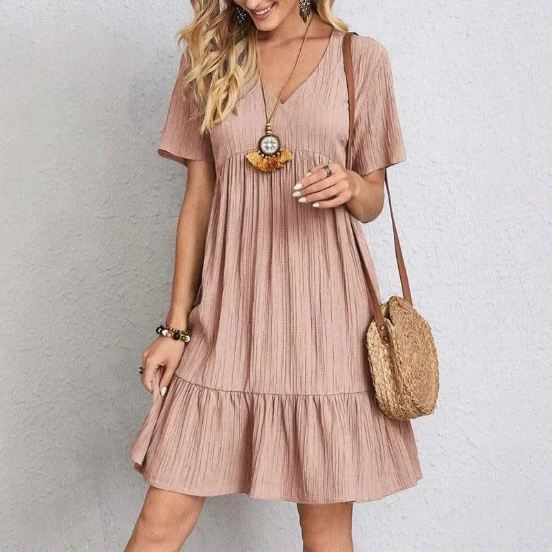 2025 Loose V-neck Short Sleeved Pleated Women Dress Solid Color A-line Beach Dresses Elegant Simple Comfortable Woman Clothing - M & M Global