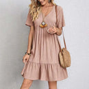 2025 Loose V-neck Short Sleeved Pleated Women Dress Solid Color A-line Beach Dresses Elegant Simple Comfortable Woman Clothing - M & M Global