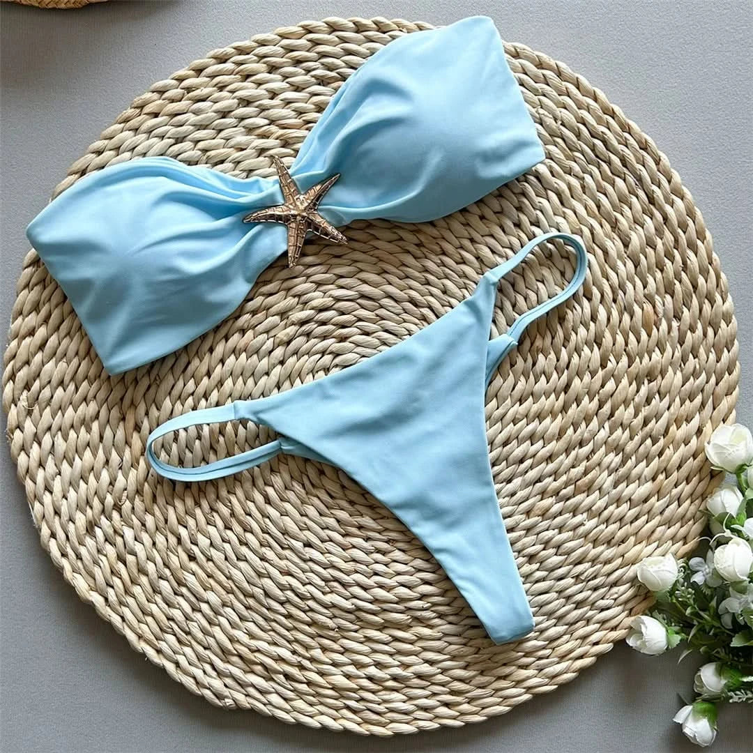New Metal Star Bandeau High Cut Thong Bikini Women Swimwear Female Swimsuit Two-pieces Bikini set Bather Bathing Suit Swim V6422 - M & M Global