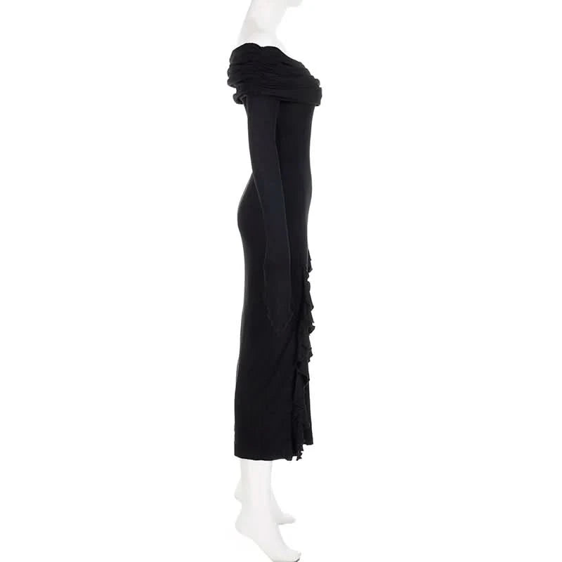 IAMSURE Elegant Fashion Dark Ruffles Split Long Dress Gothic Slash Neck Long Sleeve Maxi Dresses For Women 2023 Holiday Beach - M & M Global