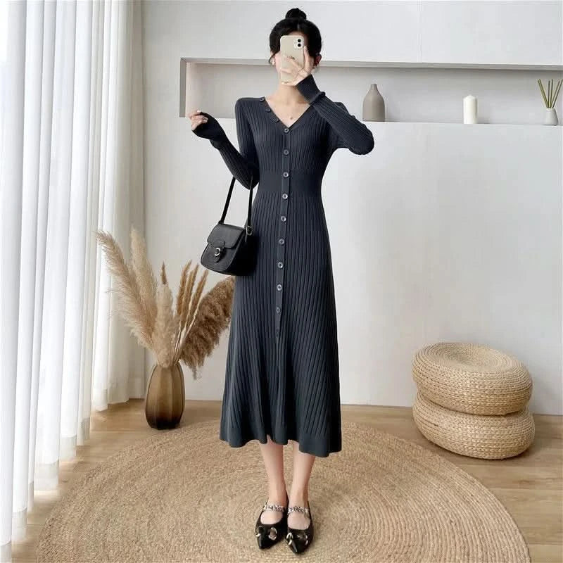 Lucyever Elegant Knitted Long Dress for Women Korean Chic Buttons Slim Fit Midi Dresses Female Streetwear V Neck Party Vestidos - M & M Global