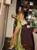Elegant Green Satin Ruffles Sling Long Dress Women Sexy Backless Sleeveless Split Slim Dresses Lady 2025 New Party Club Vestidos - M & M Global