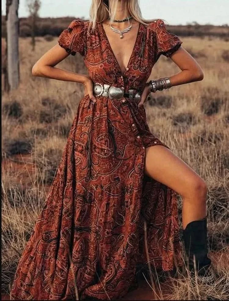 TEELYNN boho long dress Vintage 2023 floral print Chiffon three quarter sleeve v-neck summer Gypsy Hippie women dresses vestidos - M & M Global