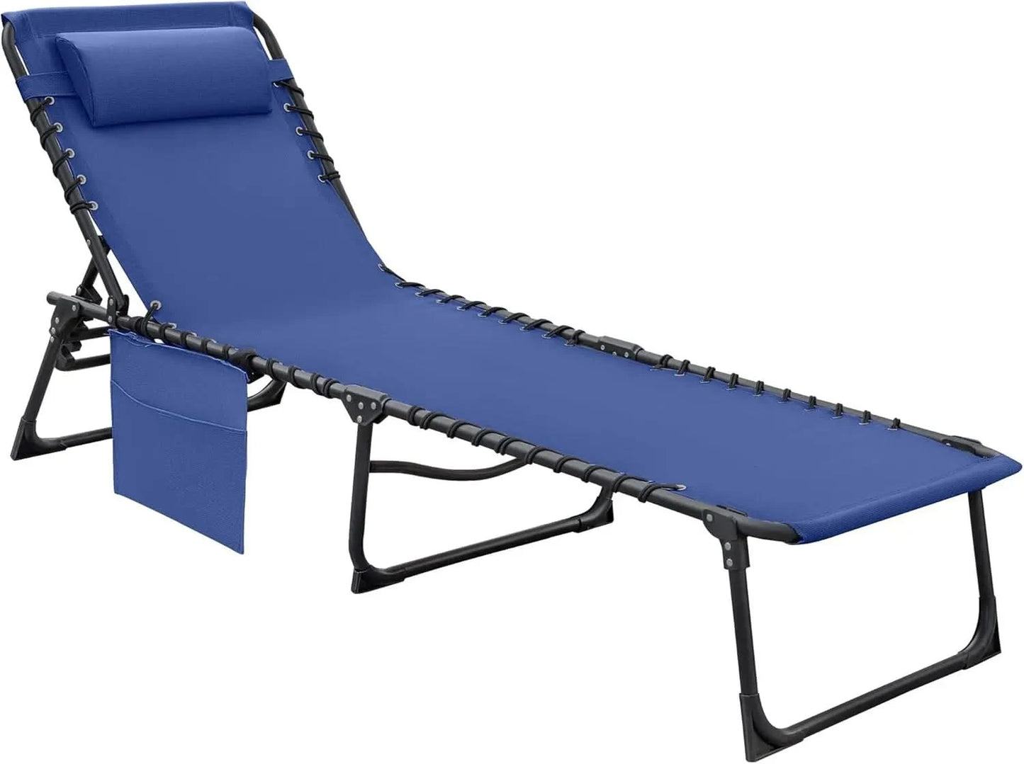 Foldable Chaise Lounge Chair 5-Position Adjustable, Tanning Chair with Side Pocket, Outdoor Sunbathing for Pool, Beach, Patio,