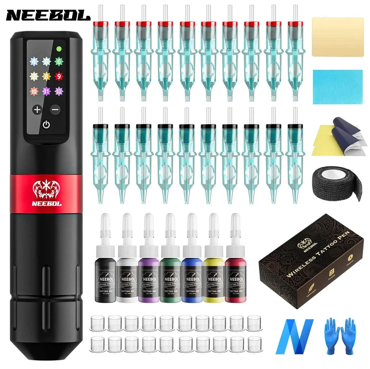 1pc/set Complete Tattoo Machine Kit Wireless, 20 Cartridge Needles, 7 Inks, Tattoo Pen Set,Permanent Makeup Tool for Tattoo Art - M & M Global