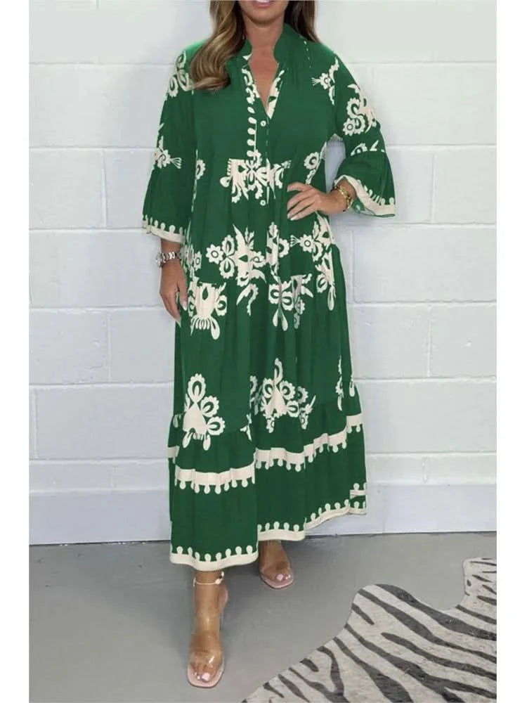 Women's Printed Loose Ethnic Retro Dress Spring Autumn V Neck Button A-Line Long Dress Summer 3/4 Sleeve Bohemian Maxi Dresses - M & M Global