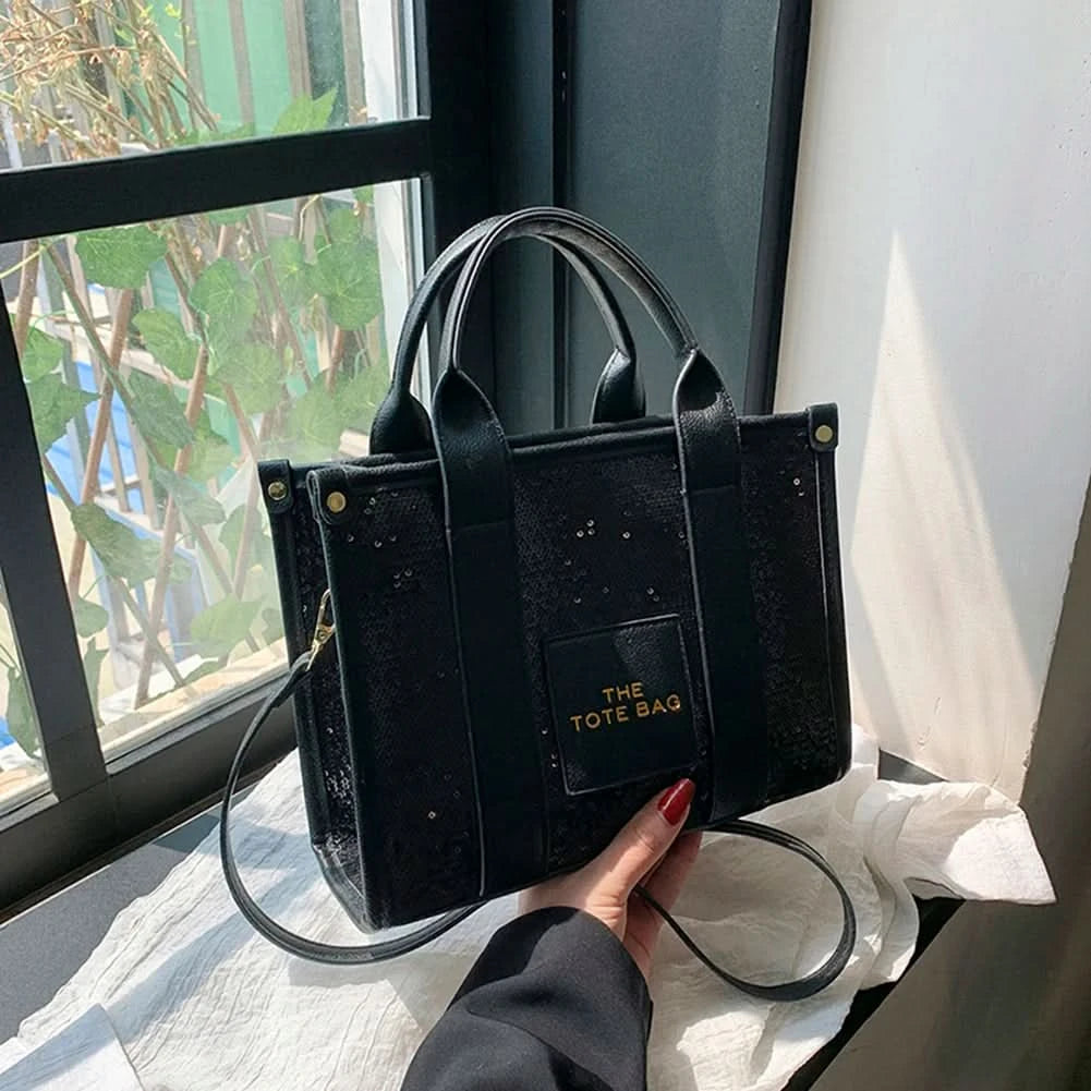 New The Tote Bag Letter Printed Sequins Top-Handle Bag Women Leather Handbag Luxury Designer Glitter Shoulder Crossbody Bag - M & M Global