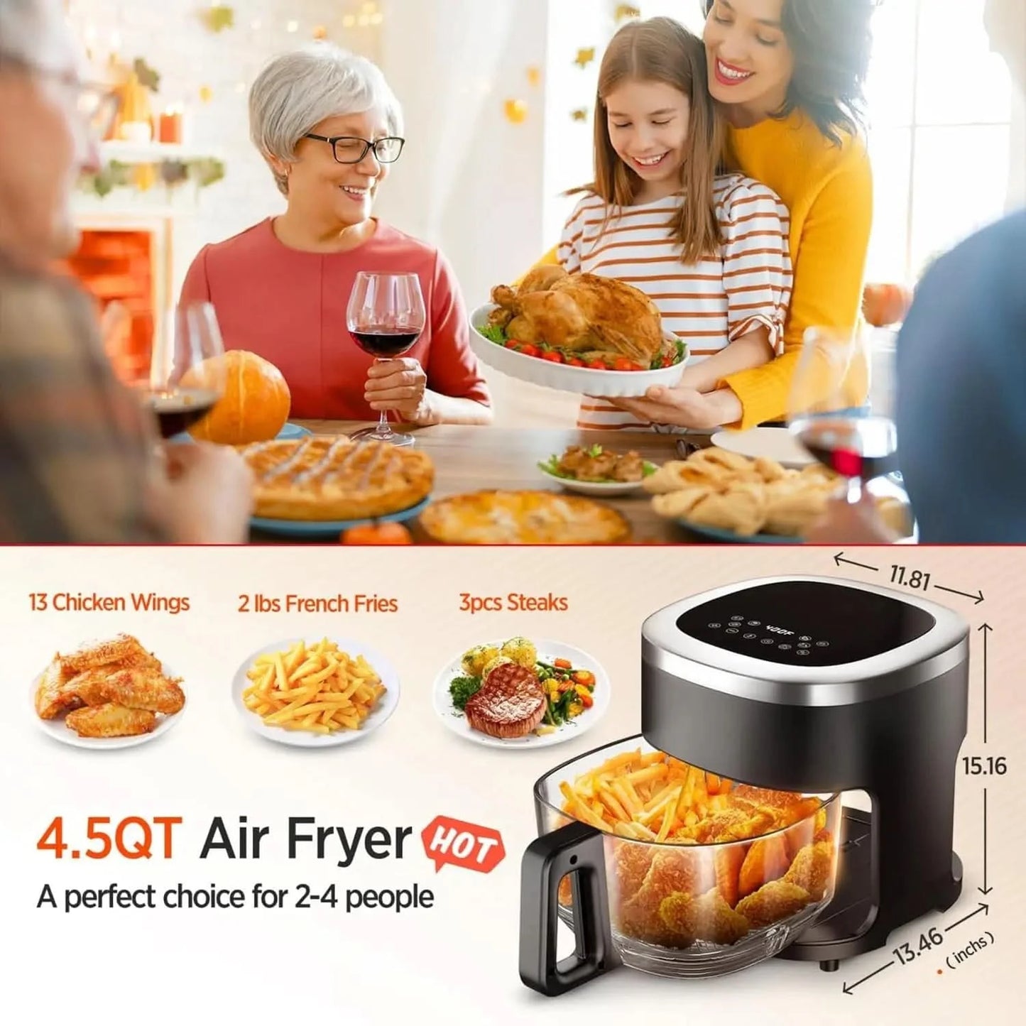 6-IN-1 Glass Air Fryer with 4.5 QT Capacity,Air Fry, Roast, Reheat, Dehydrate, Air Crisp Technology,Nonstick & Dishwasher Safe B - M & M Global