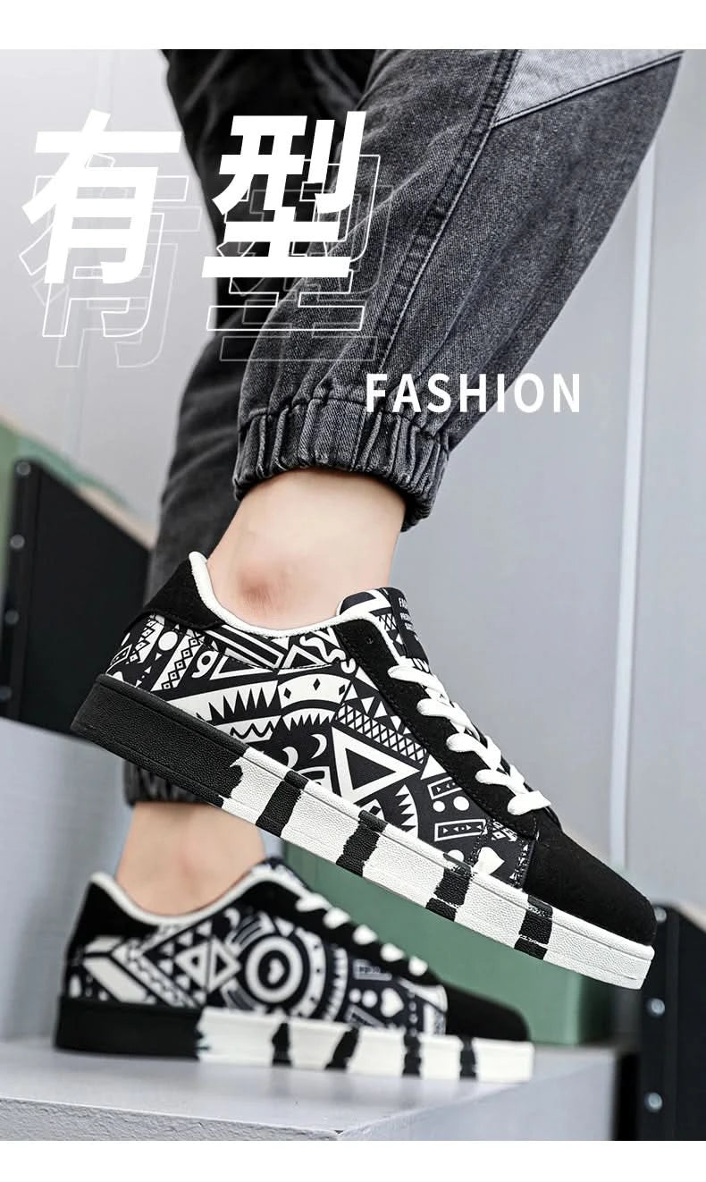 YRZL Men's Sports Running Shoes Canvas Geometric Style Lace-Up Sneakers Couples' Fashionable Graffiti Print Skate Shoes Men - M & M Global