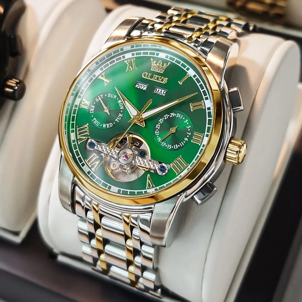 OLEVS Men's Watches Automatic Mechanical Business Wristwatch Waterproof Stainless Steel Strap Watch for Man Skeleton Calendar - M & M Global