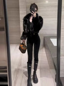 Autumn Winter Now Locomotive Wind Hottie Sweet Cool Fashion Coat Women Patchwork Imitation Fox Fur Leather and Fur Solid Tops