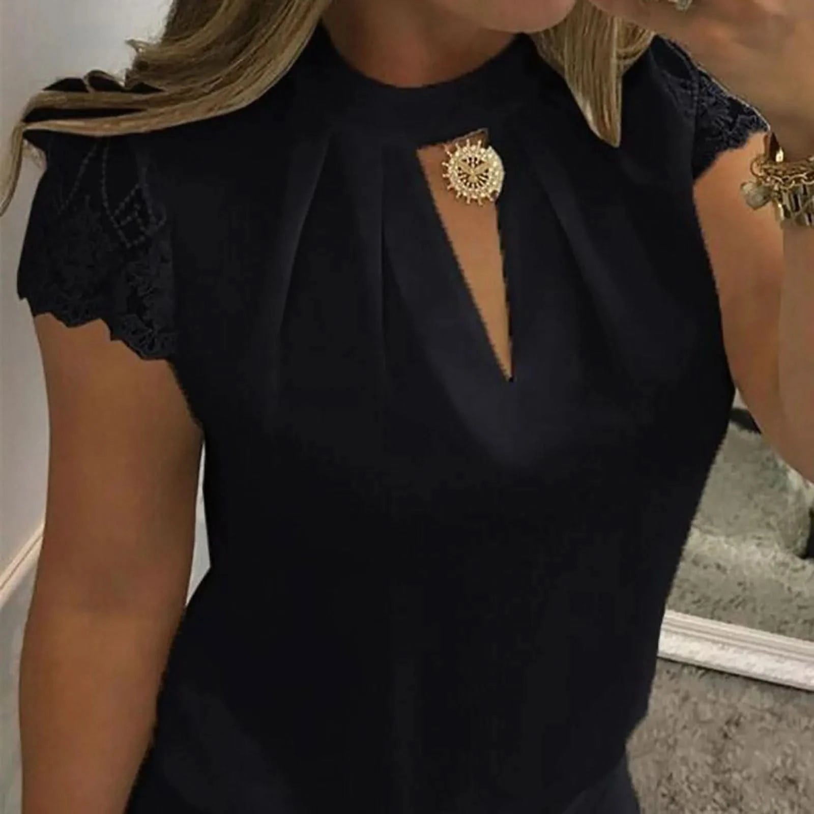 Woman Blouse 2023 V-Neck Lace Casual Shirt Solid Loose Short Sleeve Shirts Sleeve Lace Casual Tank Tops Blouse Sexy Blusas - M & M Global