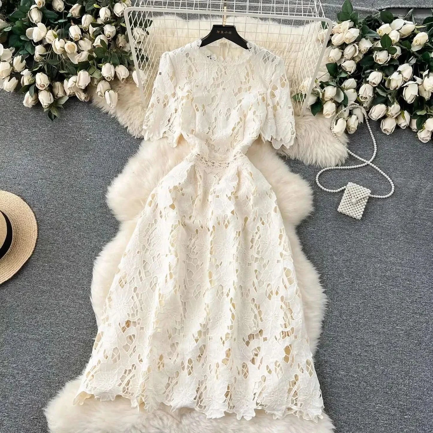 Elegant Flower Embroidery Lace Hollow Out Midi Dresses Women's 2025 Summer O Neck Short Sleeve Casual Long Dress Party Vestidos - M & M Global