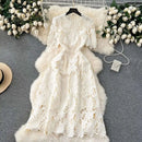 Elegant Flower Embroidery Lace Hollow Out Midi Dresses Women's 2025 Summer O Neck Short Sleeve Casual Long Dress Party Vestidos - M & M Global