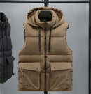 Men's Hooded Vest Winter Zipper Warm Stand Collar Waistcoat Men Cotton Padded Sleeveless Jackets with Big Pockets 2025